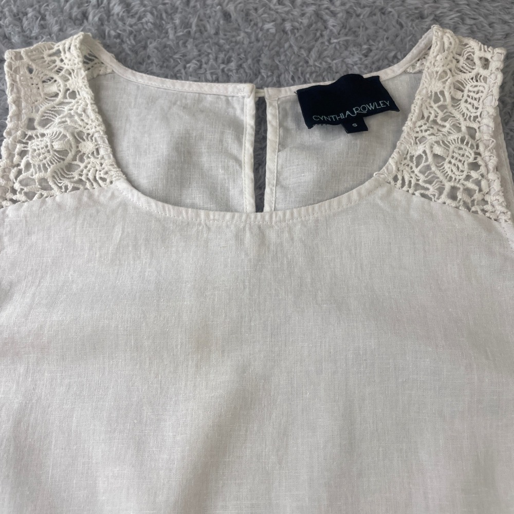 Cynthia Rowley Tank Top Womens l White Linen Blend Crochet Lace‎ Hem Boho Chic - Picture 2 of 9